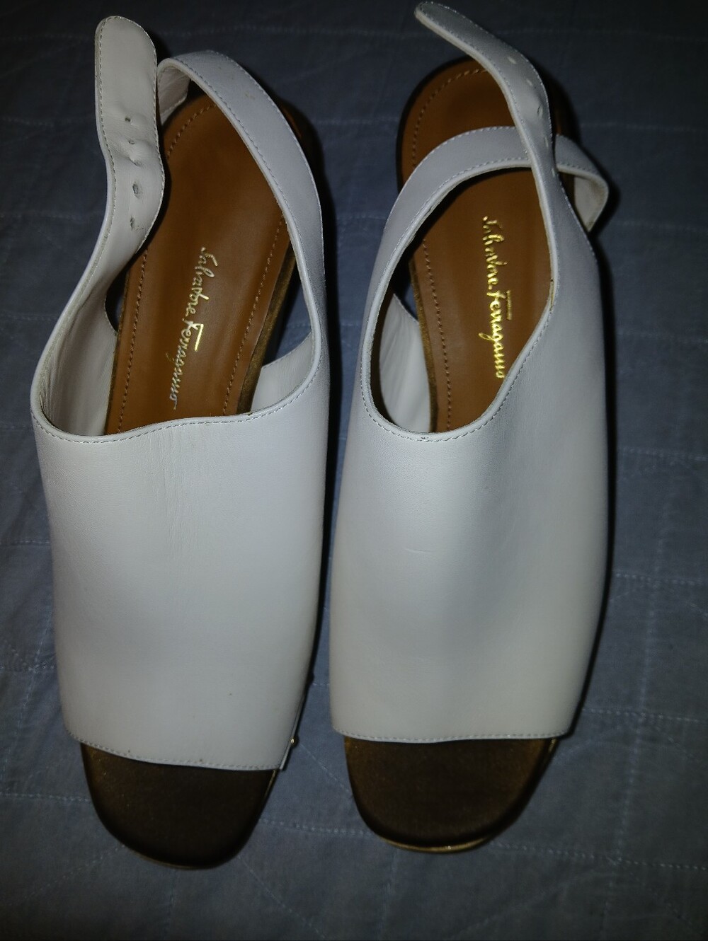 Salvatore Ferragamo White Leather Peep-Toe Slingback Sandals - Picture 2 of 5